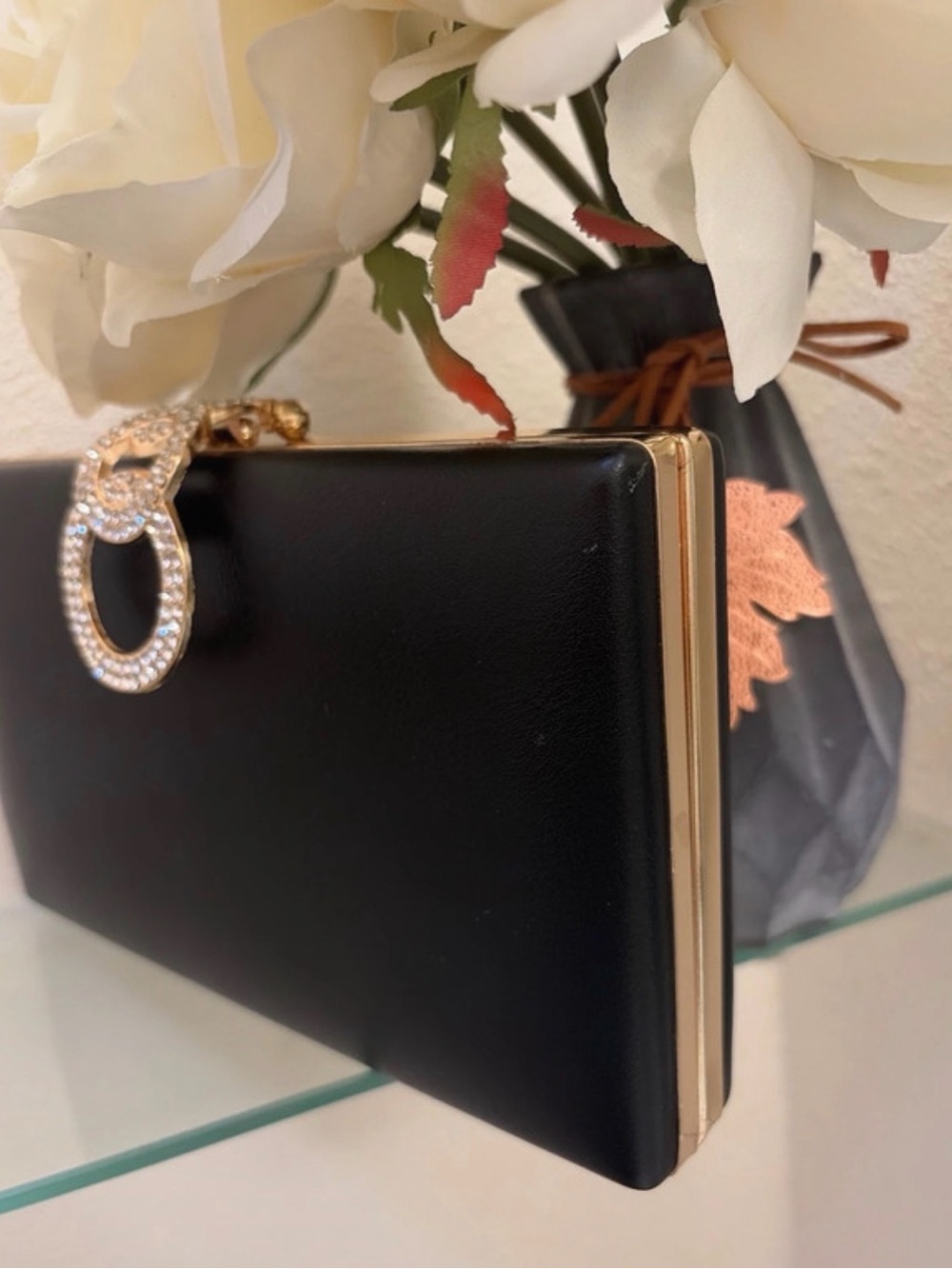 Black Evening Clutch with Gold Crystal Ring Accent - Picture 7 of 8